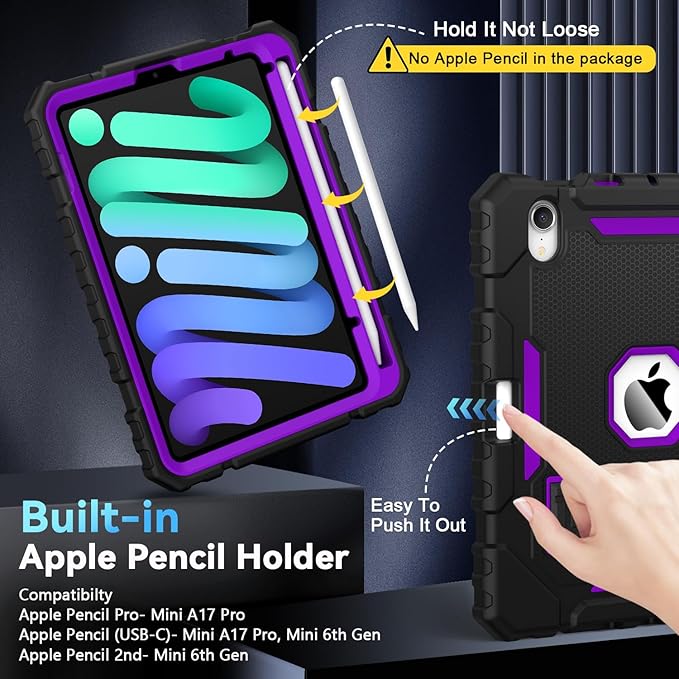 Grifobes Case for iPad mini 7 (A17 Pro) 2024 / Mini 6 2021 8.3 inch, Heavy Duty Shockproof Rugged Cover with Pencil Holder Stand, for I Pad Mini 7th/6th Gen 8.3" Case (Black+Purple)