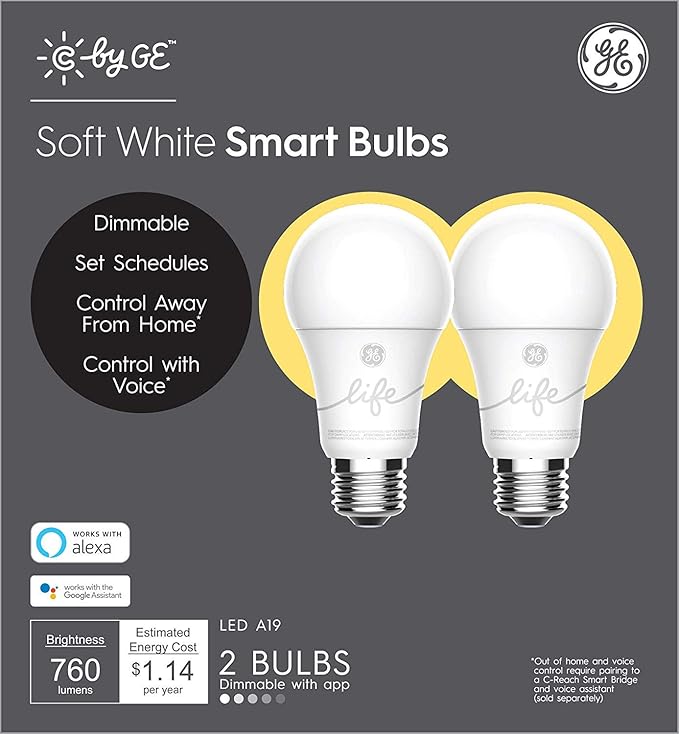 GE Lighting CYNC Smart Light Bulbs, Bluetooth Enabled, Alexa and Google Home Compatible, Soft White (2Pack), Packaging May Vary