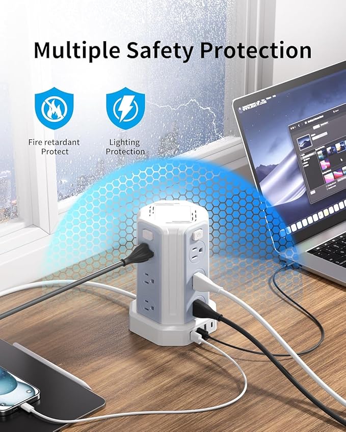 Power Strip Surge Protector, 10 Ft Extension Cord with 12 AC Multiple Outlets 4 USB (1 USB C), SMALLRT Power Tower Desktop Charging Station