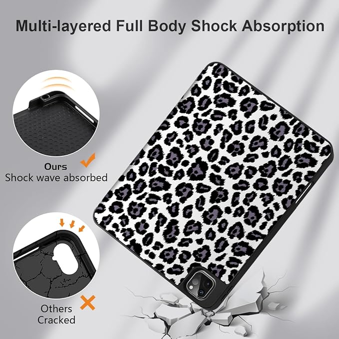MEEgoodo for iPad Pro 12.9 Case M2 6th/5th/4th/3rd Generation 2022 2021 2020 2018 with Pencil Holder, Tablet Cover with Soft TPU Back Shell, Snow Leopard Texture