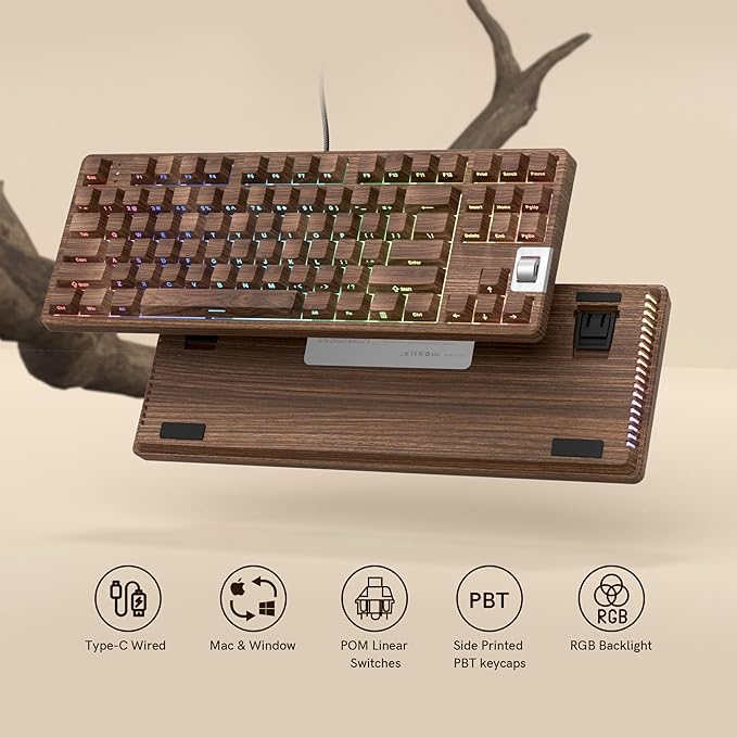 Womier Retro Wired TKL Mechanical Keyboard with Volume Wheel,75% Percent RGB Backlit Gaming Keyboard,Hot Swappable with PBT keycaps,Pre-lubed Stabilizer for Mac/Win,Wood Pattern Theme