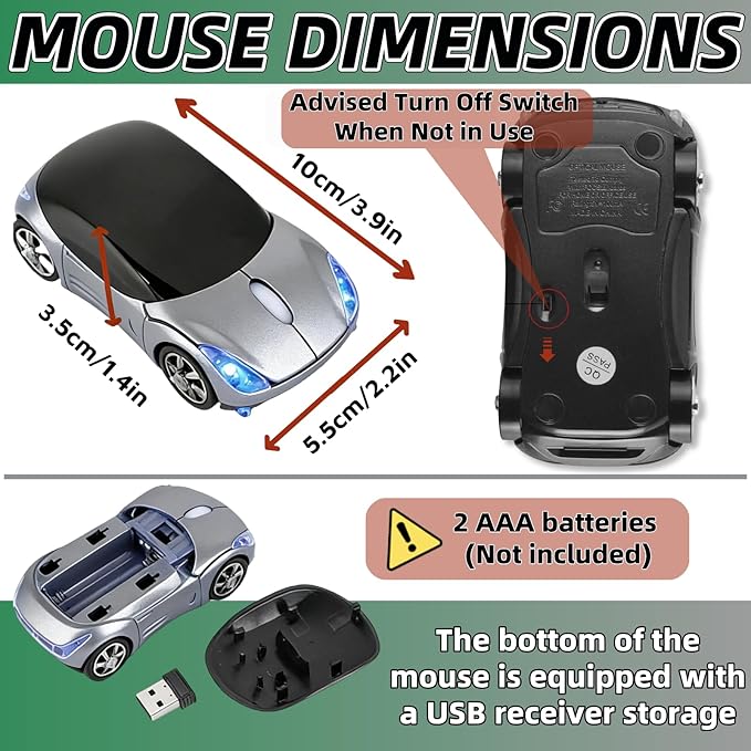 Silver Wireless Mouse，Mini Car Computer Mouse，1600DPI 2.4G with USB Receiver, Ergonomic Cute Computer Mice for Laptop, PC, Windows, Mac OS (Silver)