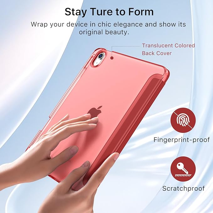 MoKo for iPad Air 11 inch Case (M4/M3/M2) 2026/2025/2024, iPad Air 5th/4th Gen 10.9 inch Case 2022/2020 with Pencil Holder, Slim Light Trifold Cover with Hard PC Translucent Back Shell, Touch ID, Red