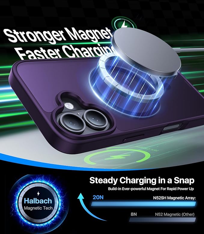 Magnetic for iPhone 16 Case, [Compatible with MagSafe][Military-Grade Drop Protection][Anti-Yellowing] Shockproof Protective Translucent Matte Cover for iPhone 16 Phone Case,Deep Purple