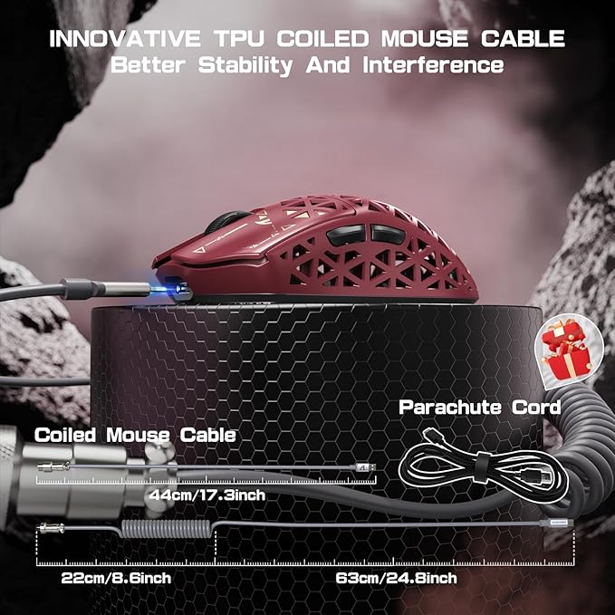 ATTACK SHARK R5 Ultra Wireless Gaming Mouse,39g Superlight Carbon Fiber Hollowed-Out,PAW3950MAX Optical Sensor Nordic 52840 MCU 8K Polling 42K DPI,Tri-Mode Programmable Mice with Coiled Cable-Red