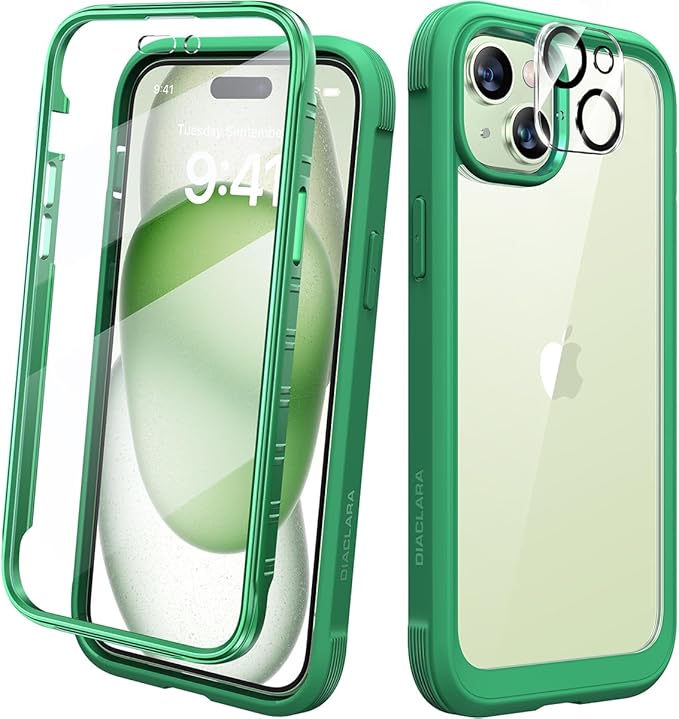 Diaclara Designed for iPhone 15 Plus Case 6.7 Inch, Full-Body Clear Bumper Cases w/Built-in Screen Protector, 360 Protective Rugged Case + Glass Camera Lens Protector,Mint Green