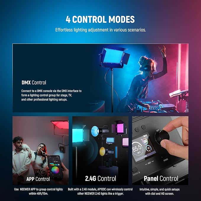 NEEWER 105W RGB LED Panel Video Light Kit with Barn Doors, 1200 LEDs 31500Lux/0.5m 2500K-10000K CRI96+/TLCI97+ Dimmable, APP/2.4G/Panel/DMX Control, Studio Photography Video Recording Lighting, AP100C