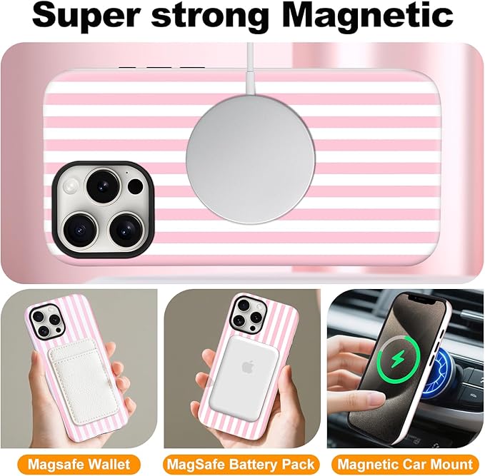 Magnetic for iPhone 11 Case Cute Stripes Phone Case, Shockproof Slim TPU and Hard PC Protective Phone Cover Compatible with MagSafe Designed for Women Girls, Pink and White