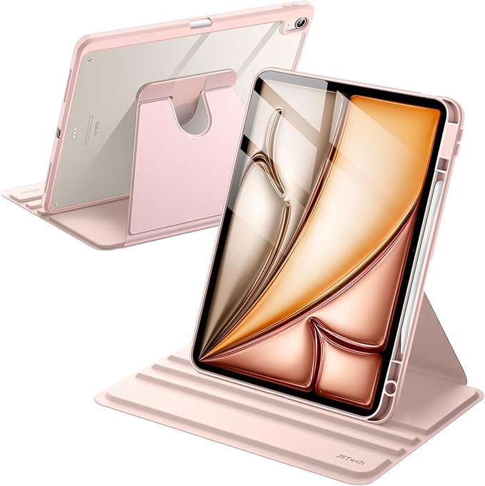 JETech Rotating Case for iPad Air 13-Inch M4/M3/M2 (2026/2025/2024) with Pencil Holder, 360 Degree Rotation Protective Stand Cover Clear Back, Auto Wake/Sleep (Sandy Pink)