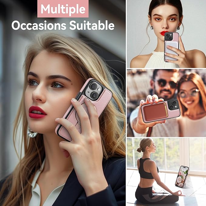 for iPhone 14 Plus Case with Stand Compatible with Magsafe Slim PU Leather & Durable TPU Drop Proof Magnetic Kickstand Protective Cover with Tempered Glass Screen Protector 6.7", Rose Gold