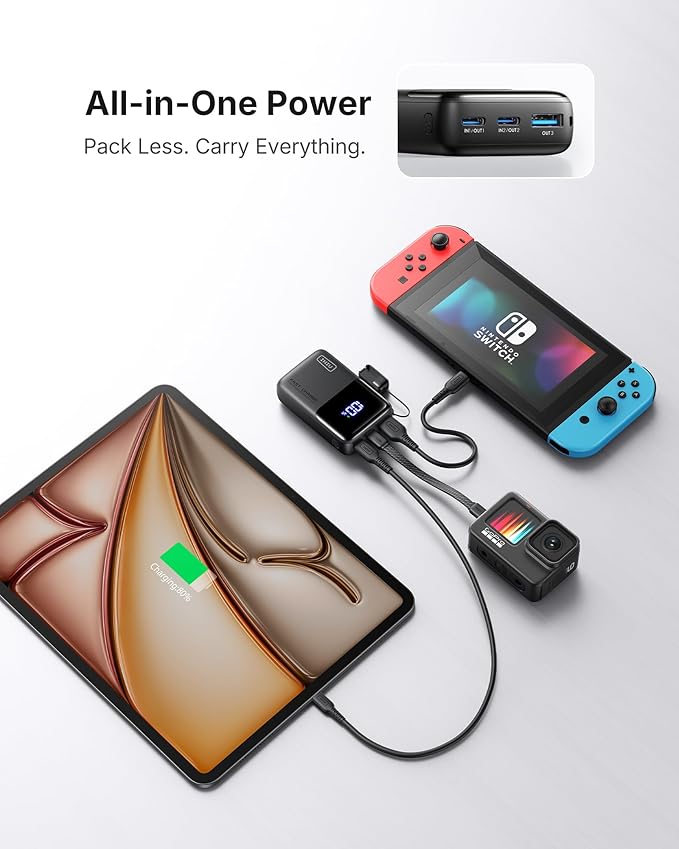 INIU Portable Charger, Ultra Mini 10000mAh 45W Fast Charging with Detachable Cable, Flight-Safe Travel USB C Power Bank External Phone Battery Pack for Xiaomi iPhone 17 16 Samsung S26 Google iPad etc