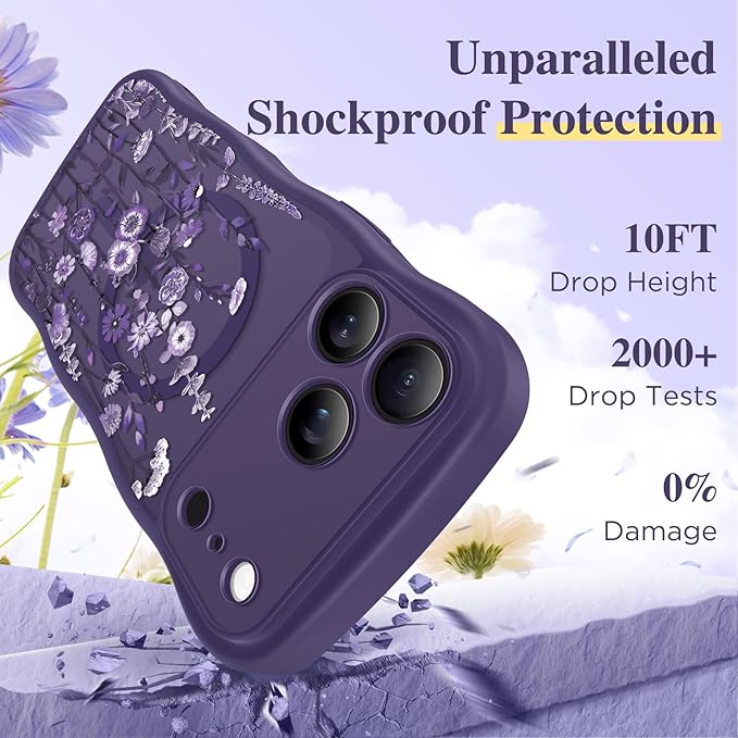 GVIEWIN for iPhone 17 Pro Max Case Compatible with MagSafe [Curly Wave Edge][Full Camera Protection] Floral Translucent Shockproof Magnetic Women Phone Case for 17 Pro Max, Dark Floratopia/Deep Purple
