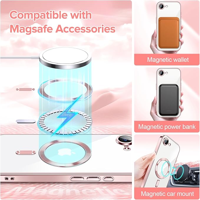 Hython Magnetic Clear for iPhone 17e Case with Camera Lens Protector [Compatible with MagSafe] Luxury Plating Edge Slim Soft TPU Cover Protective Phone Case for iPhone 17e 6.1", Pink