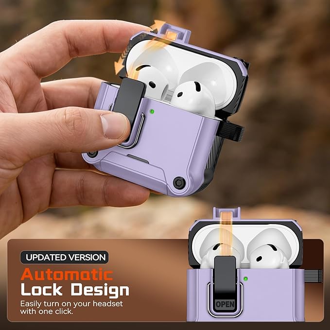 Inesore Compatible with AirPods 4 Generation Case,Secure Lock & Phone Stand Design,Compatible with MagSafe,Automatic Snap Switch Secure Cover for New AirPods 4th (2024)-Purple