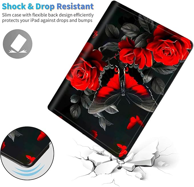 for Amazon Kindle Fire 7 (12th Generation, 2022 Release) 7" Tablet Case, Slim Kickstand Stand Leather Smart Cover with Auto Wake/Sleep, Red Rose Butterfly