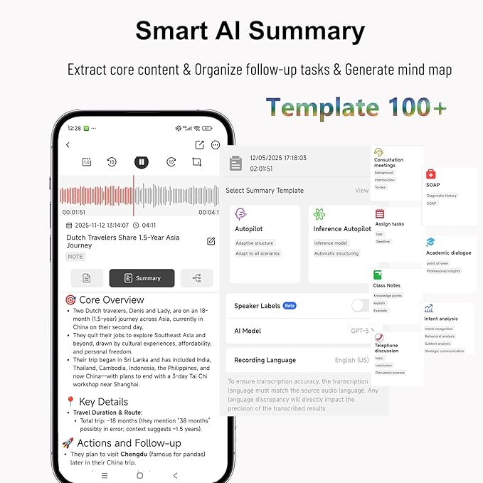 AI Voice Recorder with Transcription and Mind Map, AI Recorder and Transcriber, APP Control, AI Note Taker Recording Device for Lectures,Meetings,Calls, Long Battery, Gray