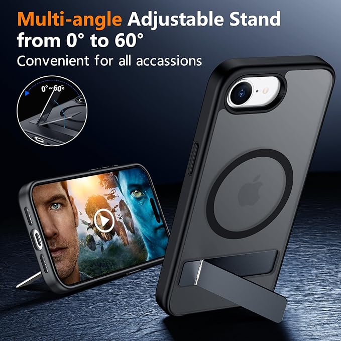 SPIDERCASE Magnetic for iPhone 17e Case for iPhone 16e Case, with [3 Stand Ways] [Military Grade Drop Protection] Invisible Stand Shockproof Slim Case for iPhone 17e/16e 6.1 inch, Black