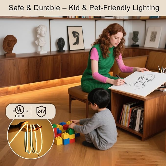 ZSLAIFU 24V COB LED Strip, LED Strip for Bedroom, 16.4FT Remote Control LED Strips, Warm LED Light Strip, COB Flexible Light for Bedroom Cabinet Vanity Mirror DIY Lighting