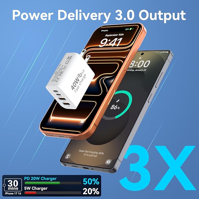 USB C Charger Block, 40W 4 Ports Type C Fast Phone Charging Blocks Cube PD USBC Wall Plug+QC 3.0 USB A Charger Brick Box Power for iPhone 17/16/15/14/13/12 Pro Max, iPad, Samsung Galaxy, Pixel, 2Pack