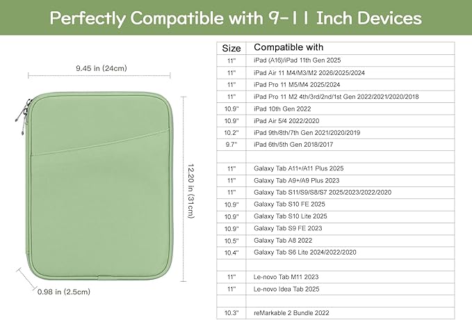 Dadanism 9-11" Tablet Sleeve Bag Carrying Case for iPad (A16) 11th Gen 11", iPad 10th Gen 10.9" Air 5/4, iPad Air M4/Pro 11", iPad 9/8/7th, Galaxy Tab A11+ Plus 11", Remarkable 2 10.3", Light Green