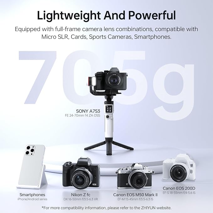 ZHIYUN Crane M3S [Office], 3-axis Lightweight Camera Gimbal Stabilizer for Mirrorless, Smartphone, GoPro Action Camera, 1.22" Color Screen, Bluetooth Control, Fill Light, Vertical Shooting