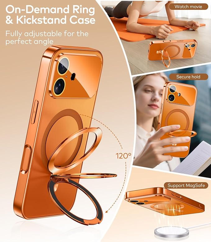 TOBOVON Magnetic for iPhone 17 Case with Ring Stand, Fits MagSafe, with Built-in Camera Lens Protector, Slim Electroplated Shockproof Phone Cover, Orange