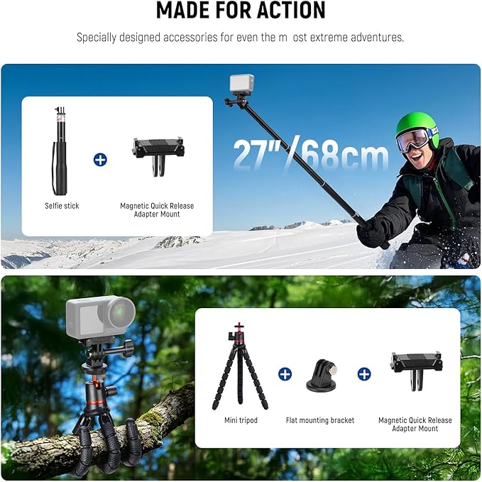 NEEWER 35 in 1 Action Camera Pro Accessories Kit Compatible with DJI Osmo Action 5 Pro 4 3 GoPro, Quick Release Adapter Mount for Diving Hiking Motorcycling Mountain Cycling Skiing Surfing Vlog, GP-51