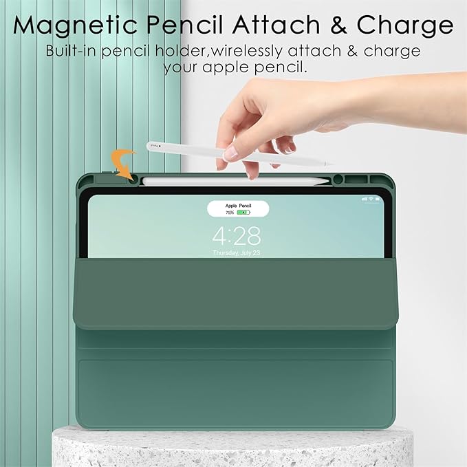 Soke for New iPad Air 13 Inch Case (M3 2025/M2 2024) with Pencil Holder, [Auto Wake/Sleep + Camera Protection] Shockproof Cover with Clear Transparent Back for Apple iPad Pro 12.9", Midnight Green