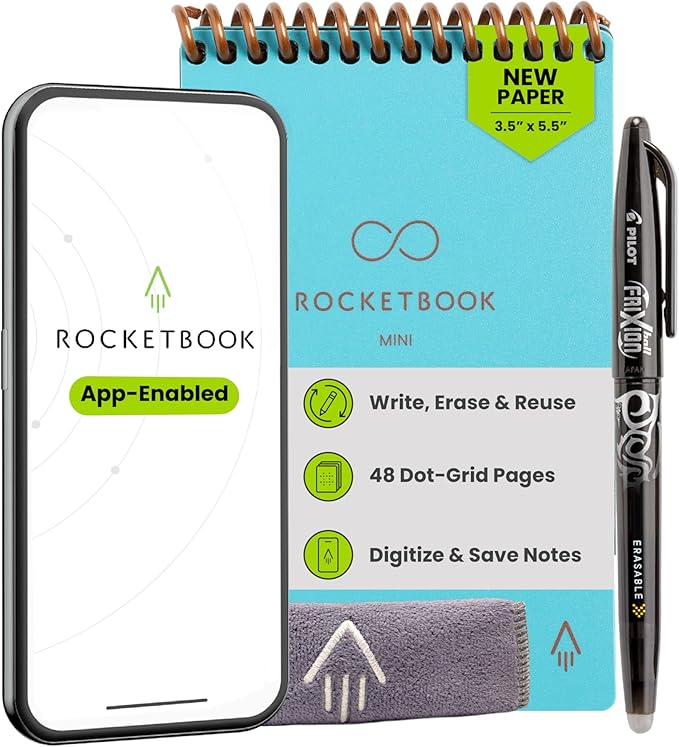 Rocketbook Mini Reusable Smart Notepad, Pocket Size On-The-Go Notebook, 3.5x5.5, Teal (Pack of 1)