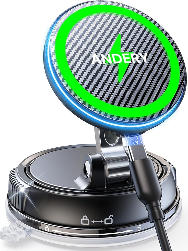 ANDERY Only for iPhone Magsafe Car Mount Charger [15W Fast Wireless Charging, 78+LBS Strong Suction 2400gf Strong Magnetic] 360° Adjustable Car Phone Holder, Phone Holders for Your Car for pats & mats