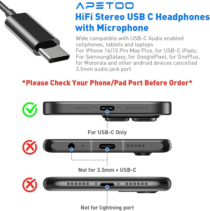 APETOO USB C Headphone for iPhone 17 16 15 Pro Max/iPad, HiFi Stereo Type C Earphones USB-C Wired Earbuds with Microphone Volume Control for Samsung S25/S26/S24/S23/S22/S21/Pixel/for OnePlus/Android