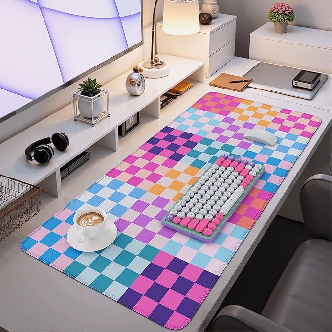 iCasso Desk Matt for Desktop, Cute Desk Pad Mat, XXL Large Mouse Pad, Anti-Slip Big Mousepad with Stitched Edges, Keyboard Pad Mouse Mat for Computer(Colour Checkered)