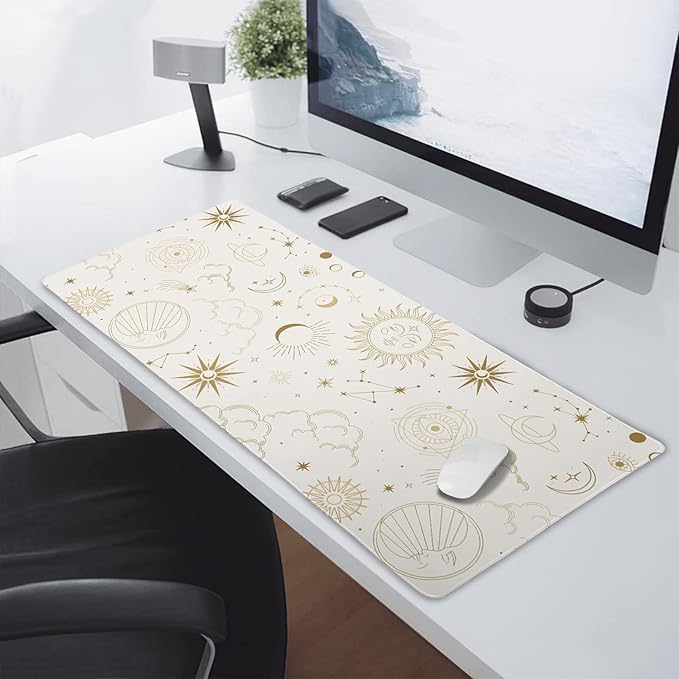 Boho Chic Sun Moon Large Mouse Pad XXL Magic Mystical Galaxy Stars Clouds Extended Large Desk Mat White Big Desk Pad 90X40 CM Non-Slip Rubber Base Stitched Edge Long Mousepad,35.4 x 15.7 Inch