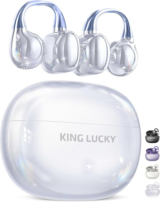 King Lucky Clip-On Earbuds Gen 3, Open-Ear Wireless Bluetooth 6.0 Headphones with Mic, Secure Fit for Small Ears & Glasses Wearers, 50H Playtime, ENC, IPX5 Waterproof Sport Ear Buds (White)