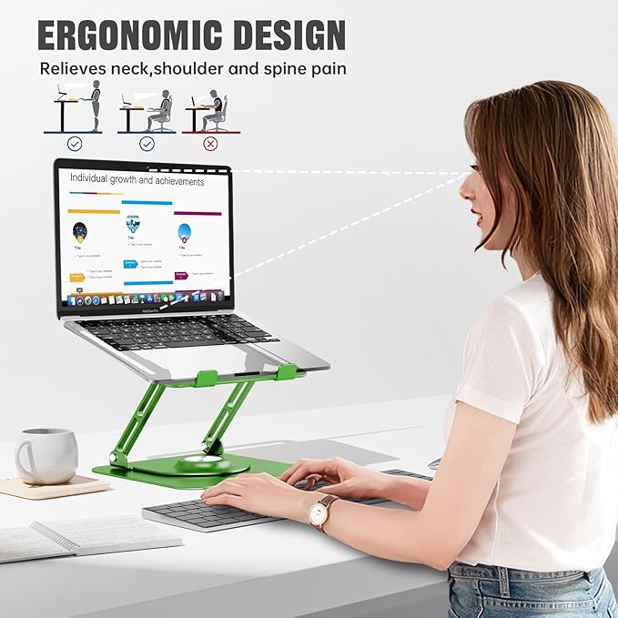 JOYEKY Laptop Stand for Desk, Adjustable Computer Stand with 360° Rotating Base, Ergonomic Laptop Riser for Collaborative Work, Foldable & Portable Laptop Stand, fits for All 10-16" Laptops (Green)