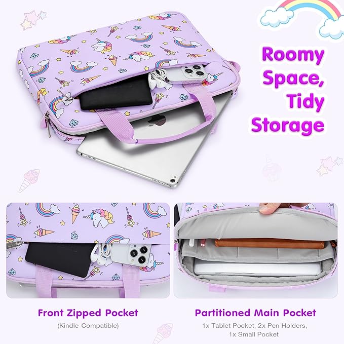 MoKo 10-12.5 Inch Kids Tablet Sleeve Carrying Case for Fire HD 10 13th/11th Gen, Fire HD 8/7 Kids 2022, Tablet Bag with Shoulder Strap for 10/10.1 Inch Android 12/13, Rainbow & Unicorn (Lilac)