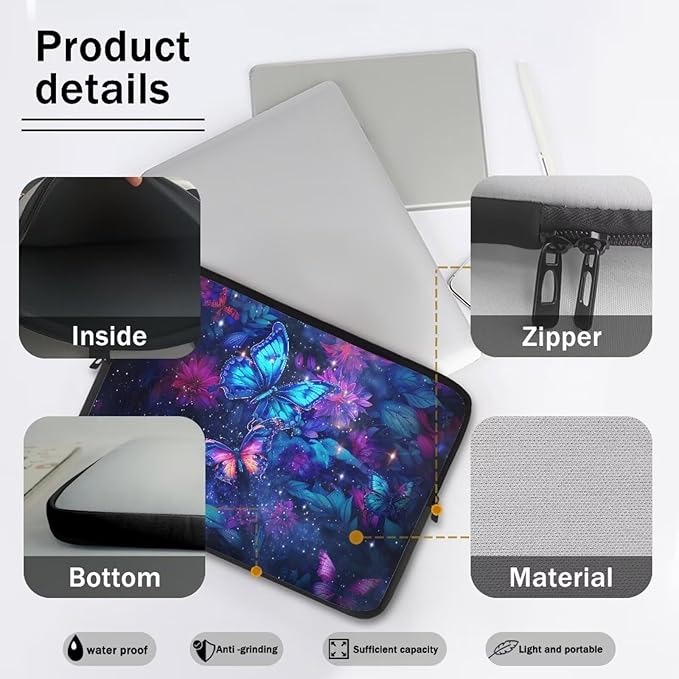 Butterfly Flower Laptop Sleeve 13 inch Lap Top Case for Women Girls Galaxy Computer Sleeve Slim Laptop Protector with Multiple Uses Laptop Carrying Case Briefcase