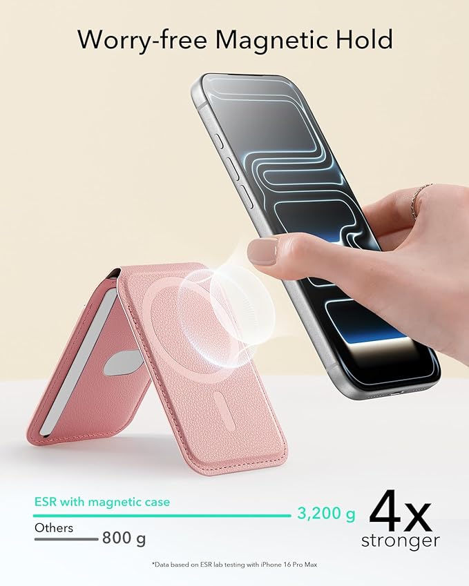 ESR Upgraded Aura for MagSafe Wallet, 5 Card Holder with Adjustable Stand, Magnetic Wallet for iPhone 17e/17/16/15/14/13/12 Series, Not for iPhone 13/12 Mini, Vegan Leather, Pink