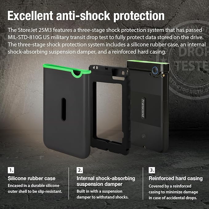Transcend StoreJet 2TB Rugged External Hard Drive, USB3.1(5Gbps) Portable HDD w/One Touch Auto-Backup Button/Anti-Shock Resistant/Compact&Lightweight/Lightning-Fast Speeds, Iron Gray - TS2TSJ25M3S