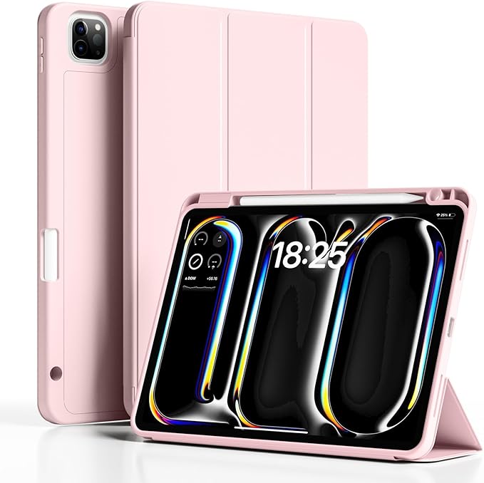 New iPad Pro 13 Inch Case (M5) 2025 / (M4) 2024 with Pencil Holder | Slim Protective Trifold TPU Back | Support Apple Pencil Pro & USB-C Charging | Auto Wake/Sleep (Pink)