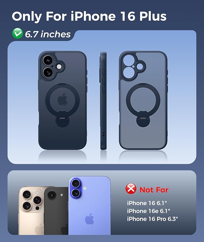 FNTCASE for iPhone 16 Plus Case: [360 Spin Magnetic Stand] [Compatible with Magsafe] [Screen Protector] Translucent Matte Military Grade Shockproof Full Camera Protective Phone Cover - Deep Blue