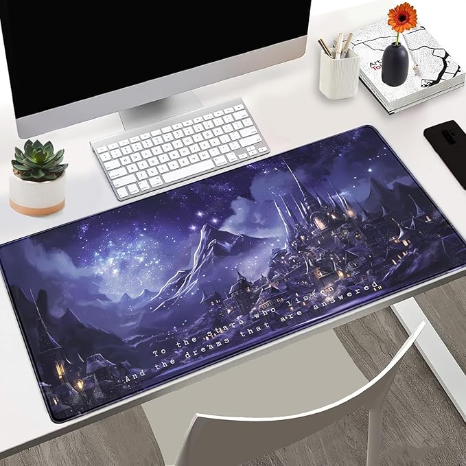 Purple Velaris Desk Mat Acotar Desk Mat Night Castle Fantasy Mouse Pad Large for Desk Computer Laptop Aesthetic Desk Pad Keyboard Pad 31.5 x 15.7 in for Office Desk Decor