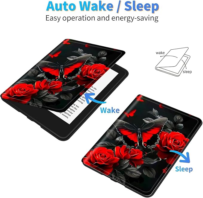 for 6.8" Kindle Paperwhite (11th Generation 2021) and Kindle Paperwhite Signature Edition Case, Slim Kickstand Stand Leather Smart Cover with Auto Wake/Sleep, Red Rose Butterfly