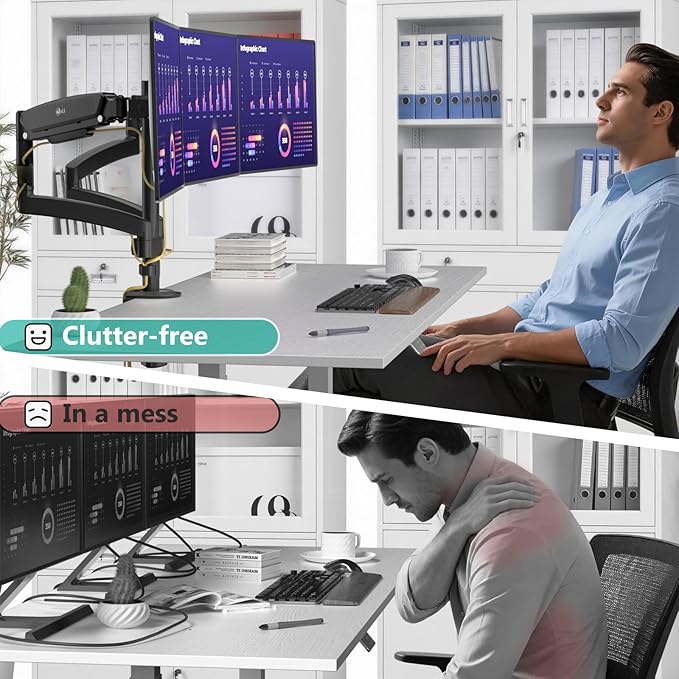WALI Triple Monitor Mount, 3 Monitor Desk Mount for Screens 13-33 Inch, Multiple Monitors Stand with Tilt, Swivel, Rotation, Mounting Holes 75/100 mm, Black
