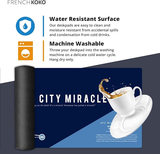 French KOKO Large Tennessee Football Desk Mat 36" x 16.5" – XL Desk Pad Mat Featuring The Music City Miracle Play, Oversized Mouse Pad Protector, for Men, Teen Boys, Dad, Office