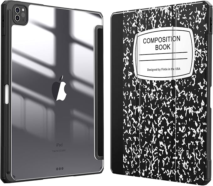 Fintie Hybrid Slim Case for iPad Pro 12.9-inch 6th Generation 2022, [Built-in Pencil Holder] Shockproof Cover w/Clear Transparent Back Shell, Also Fit iPad Pro 12.9" 5th/4th/3rd Gen, Composition Book