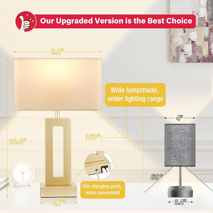 Seealle Bedroom Table Lamps Set of 2 - Touch Bedside Lamps with USB C+A, 3 Way Dimmable Gold Lamp for Nightstand, Modern Night Stands Lamps for Living Room End Tables Desk Bed Side Study Room(16.4n)