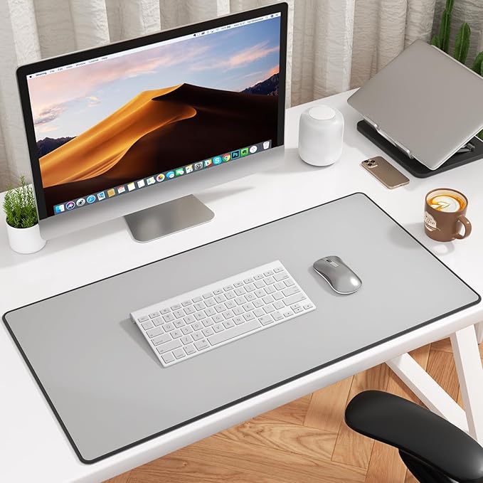 KTRIO Large Gaming Mouse Pad Desk Mat, Superior Micro-Weave Cloth, Non-Slip Rubber Base, Stitched Edges, Water-Resistant, for Gamer, Office & Home, 31.5 x 15.7 Inch，Silver Grey