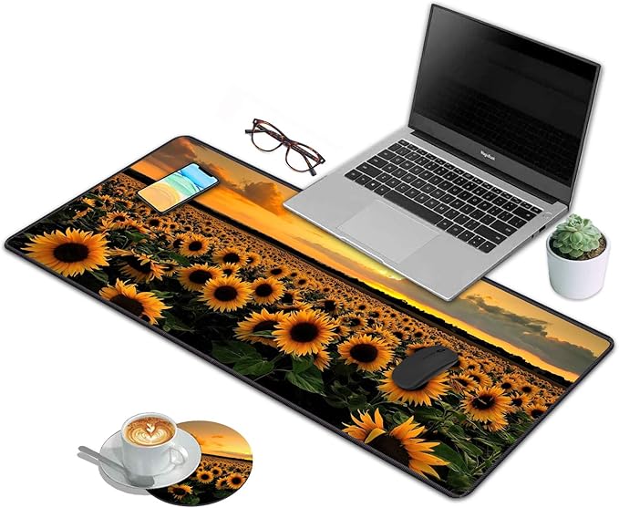 Desk Pad Mat Gaming Mouse Pads with Coasters Set, Stitched Edges Design Mouse Pad XXL Large Mouse Pad for Laptop Computers Sunflower Field Desk Writing Mat for Office & Home 31.5x 11.8