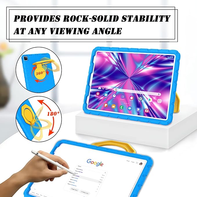 for iPad Pro 12.9 Case 3rd 4th 5th 6th Generation with Pencil Holder & 360° Rotating Handle Stand, New Cute Rugged Cover for iPad Pro 12.9 inch 2022/2021/2020/2018 - Blue